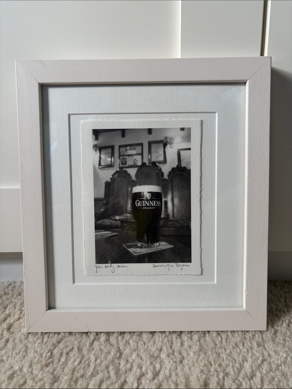 Guinness Black & White Pub Print in White Frame